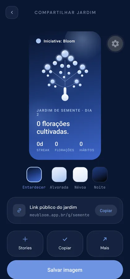 Tela de compartilhar o jardim, com o cartão do jardim e as opções de tema.